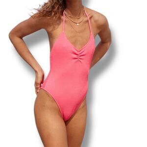 60. AERIE | New With Tag(s) Crinkle Halter Cheekiest One Piece Swimsuit SZ:M